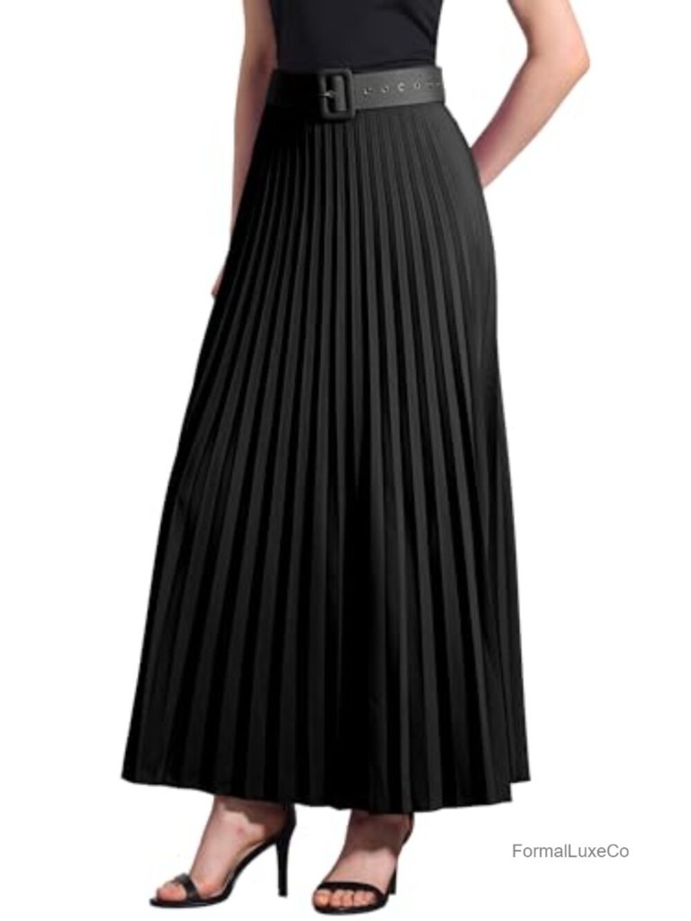 High Waist Elastic Flowy A-Line Maxi Pleated Skirt